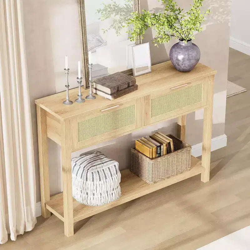 Tavolo Consolle in Rattan da 43" con 2 Cassetti e Ripiano Aperto