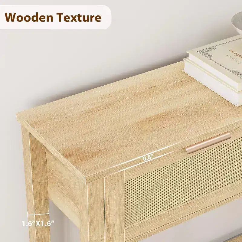 Tavolo Consolle in Rattan da 43" con 2 Cassetti e Ripiano Aperto