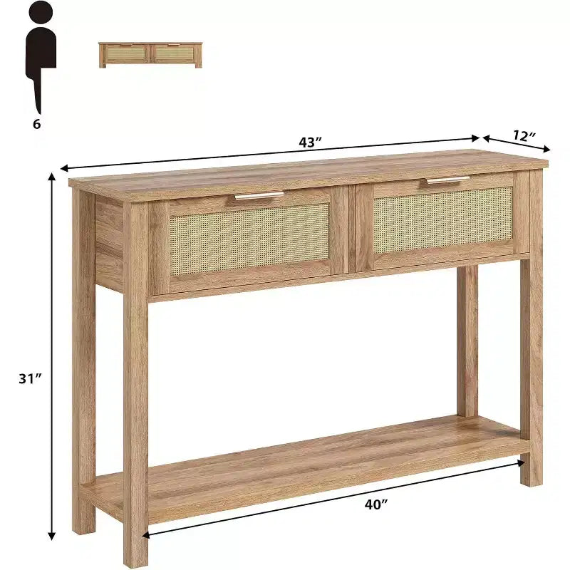 Tavolo Consolle in Rattan da 43" con 2 Cassetti e Ripiano Aperto
