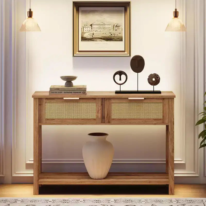 Tavolo Consolle in Rattan da 43" con 2 Cassetti e Ripiano Aperto