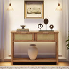 Tavolo Consolle in Rattan da 43" con 2 Cassetti e Ripiano Aperto