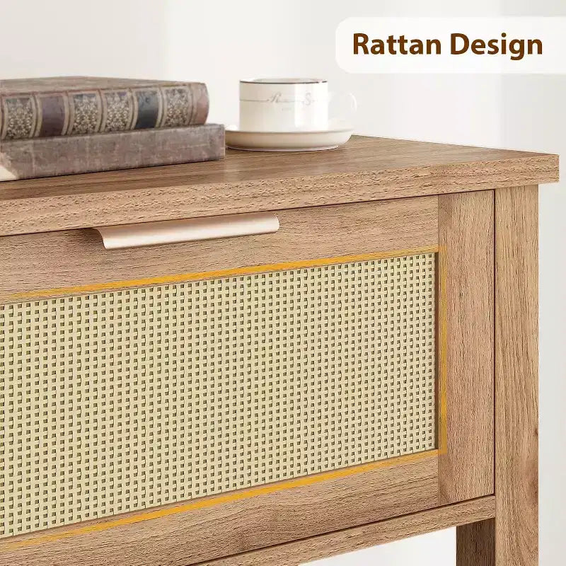 Tavolo Consolle in Rattan da 43" con 2 Cassetti e Ripiano Aperto