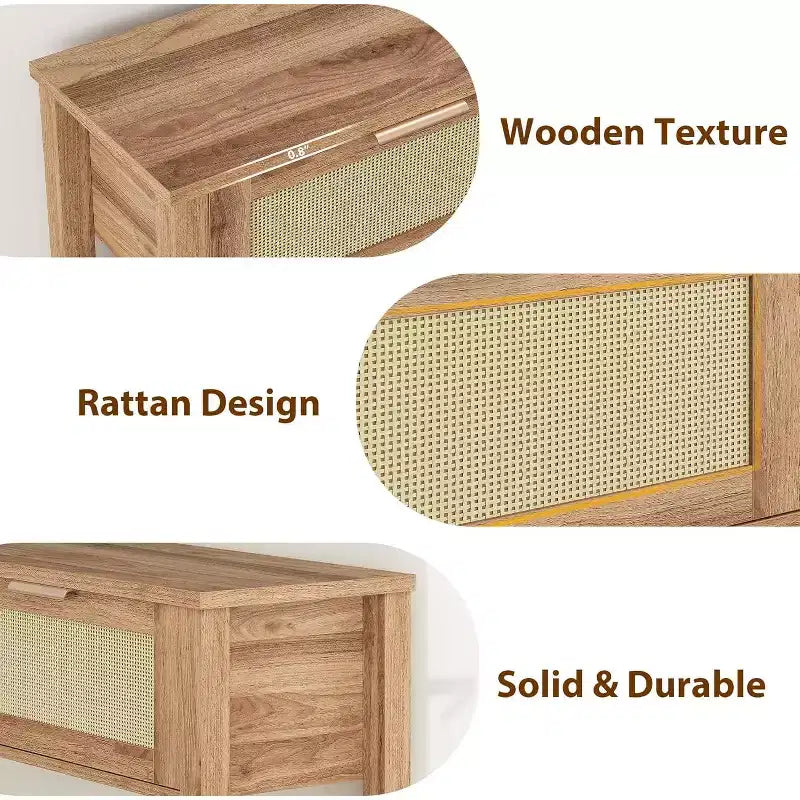 Tavolo Consolle in Rattan da 43" con 2 Cassetti e Ripiano Aperto