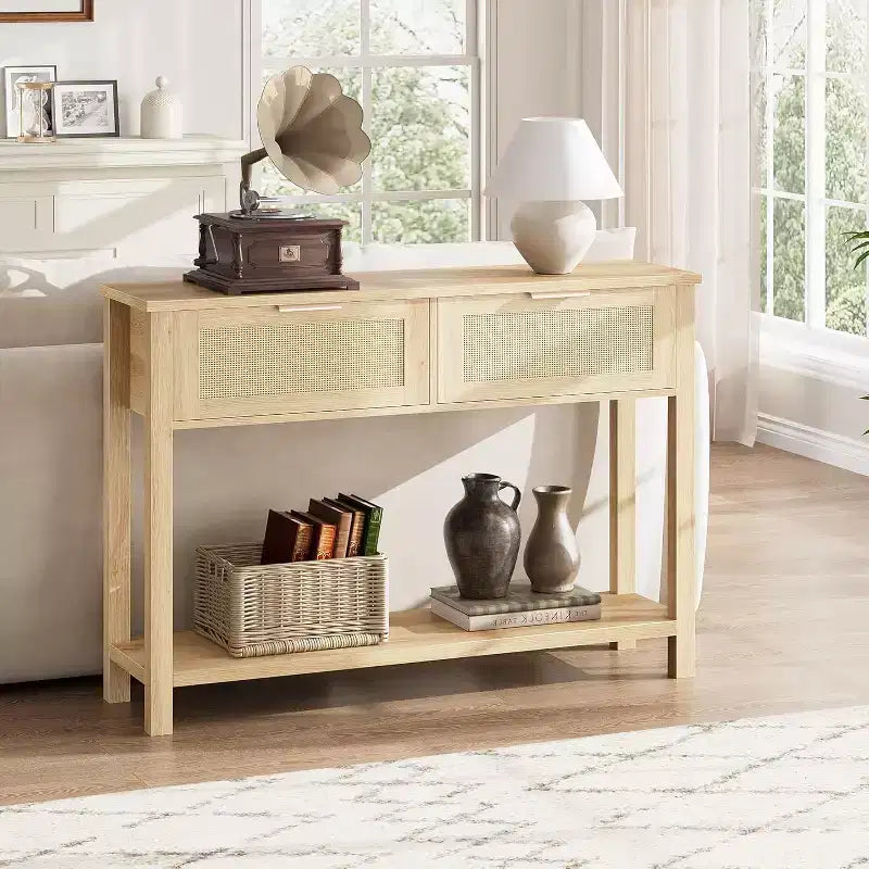 Tavolo Consolle in Rattan da 43" con 2 Cassetti e Ripiano Aperto