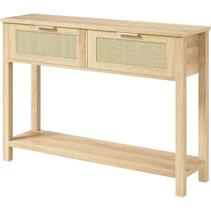 Tavolo Consolle in Rattan da 43" con 2 Cassetti e Ripiano Aperto