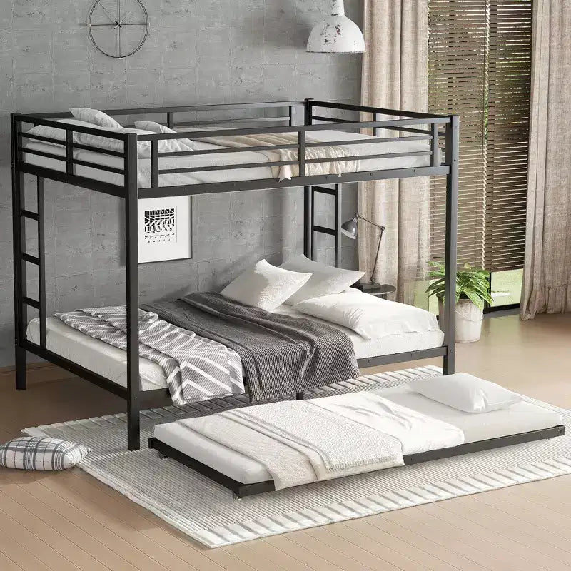 Bellemave Queen over Queen Bunk Bed with Twin Trundle, Metal Frame, Noise-Free Slats, Under-Bed Storage, Guardrails, Durable Black Finish