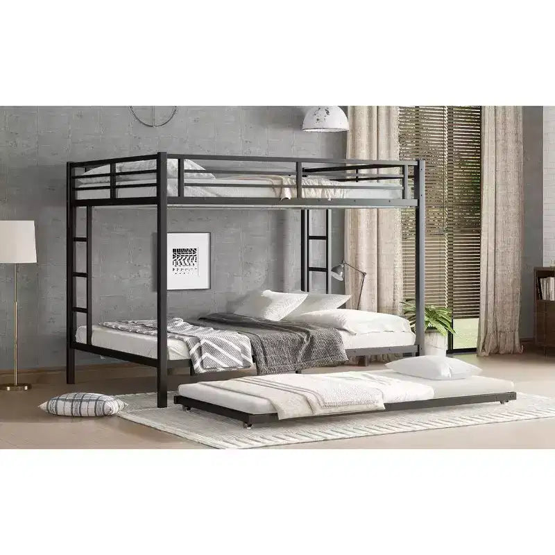 Letto a castello Queen su Queen con letto estraibile singolo – Struttura in metallo, spondine e contenitore sotto il letto