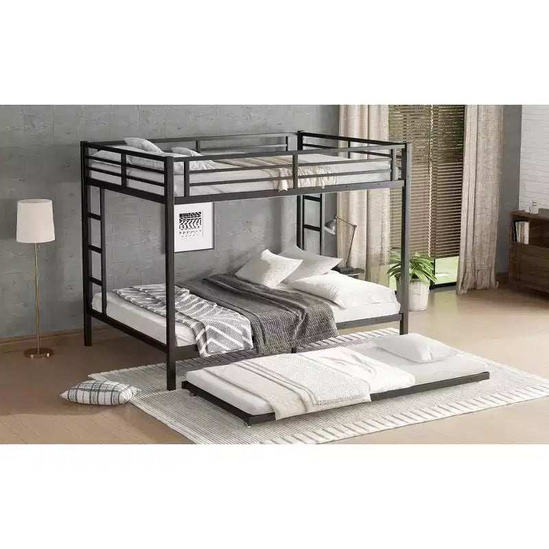 Letto a castello Queen su Queen con letto estraibile singolo – Struttura in metallo, spondine e contenitore sotto il letto