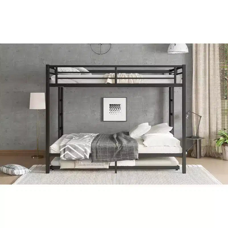 Letto a castello Queen su Queen con letto estraibile singolo – Struttura in metallo, spondine e contenitore sotto il letto