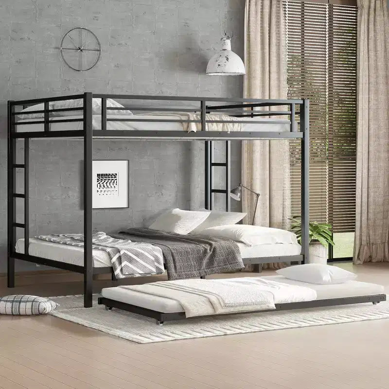 Letto a castello Queen su Queen con letto estraibile singolo – Struttura in metallo, spondine e contenitore sotto il letto