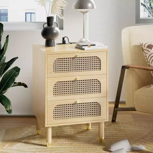 VINGLI Rattan Nightstand, 3 Drawer Nightstand for Bedroom, Boho Furniture Bedroom, 27 Tall Night Stand