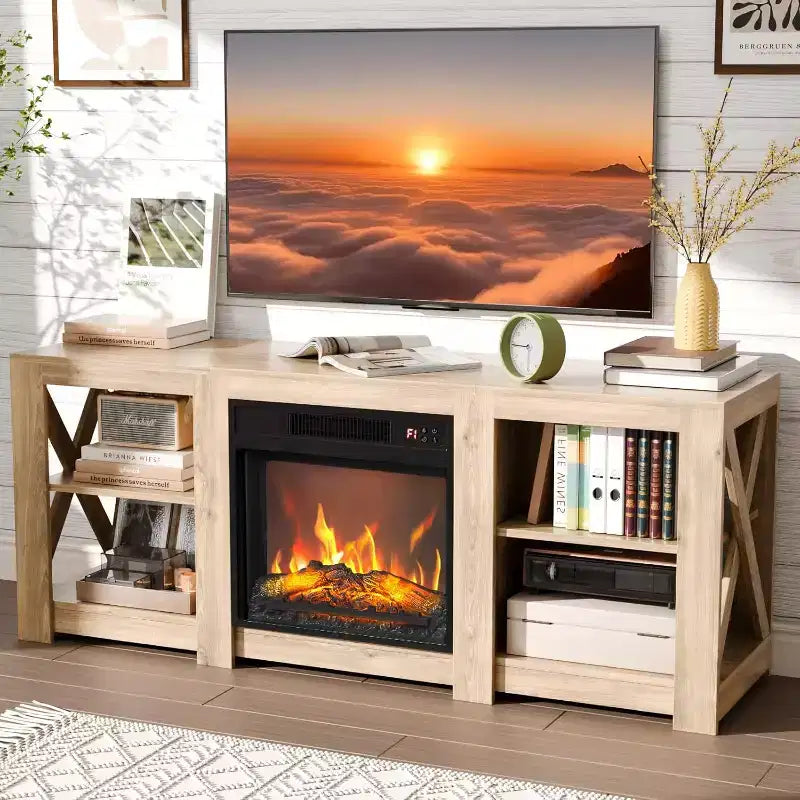 VINGLI Fireplace TV Stand for up to 70 inch TVs, Farmhouse Entertainment Center with Electric Fireplace Heater & Adjustable Shelves