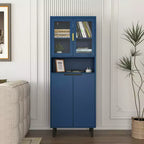 Tempered Glass Door Tall Storage Bookcase with adjustable board, 4 doors MDF painting finished cabinet, Navy Blue, Living room Bedroom storage