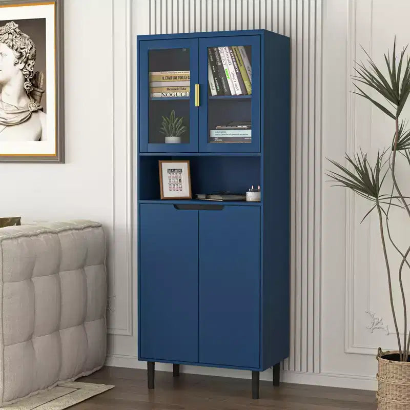 Armadio alto con ante in vetro temperato – Mobile in MDF a 4 ante, blu navy