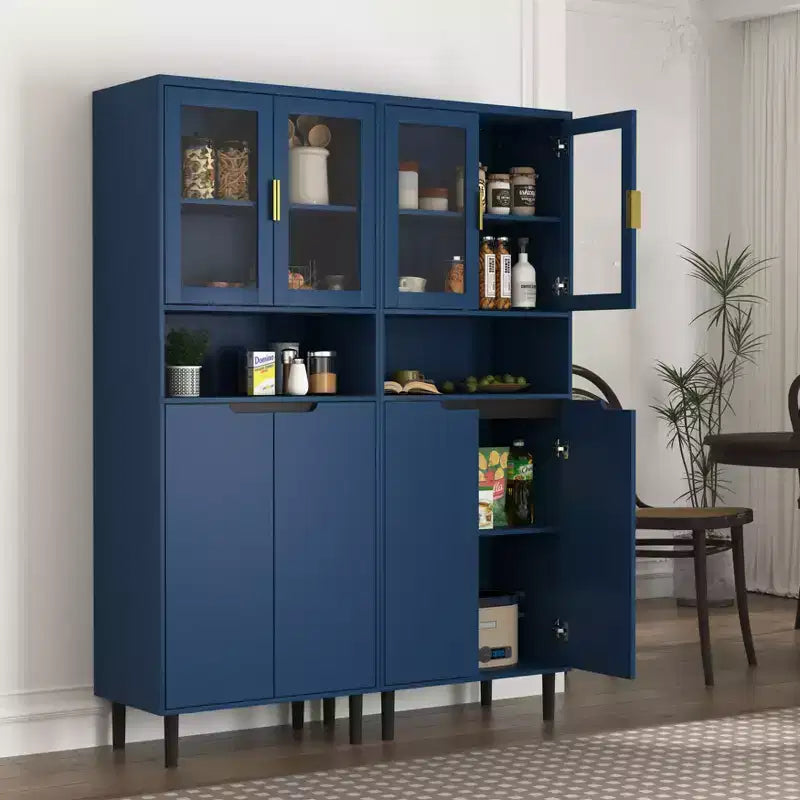 Armadio alto con ante in vetro temperato – Mobile in MDF a 4 ante, blu navy