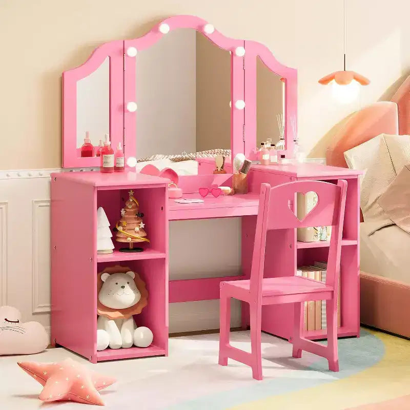 Tavolino da trucco per bambine con luci e specchio a tre ante
