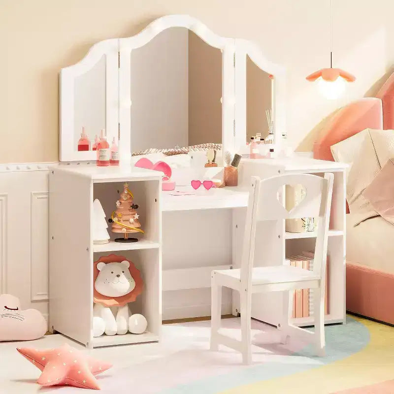 Tavolino da trucco per bambine con luci e specchio a tre ante