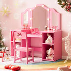 Vanity Table with Light, 2 in 1 Princess Makeup Desk with Touch Light Detachable Tri-Folding Mirror