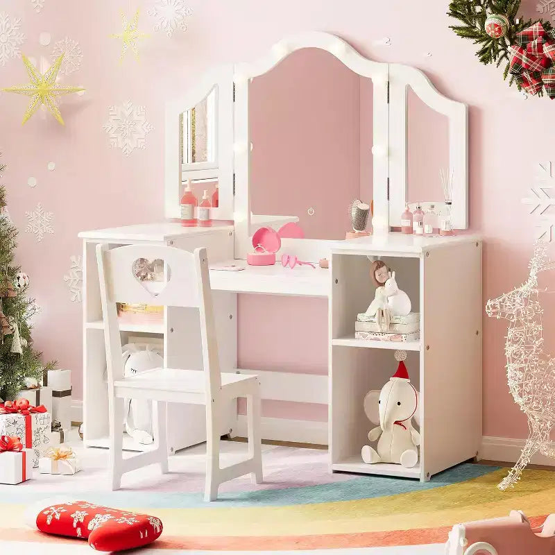 Tavolino da trucco per bambine con luci e specchio a tre ante