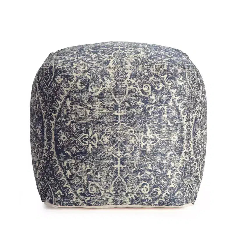 Pouf Quadrato Blu/Avorio – Motivo Medaglione Moderno, Seduta Imbottita, Poliestere Fatto a Mano, 53 cm