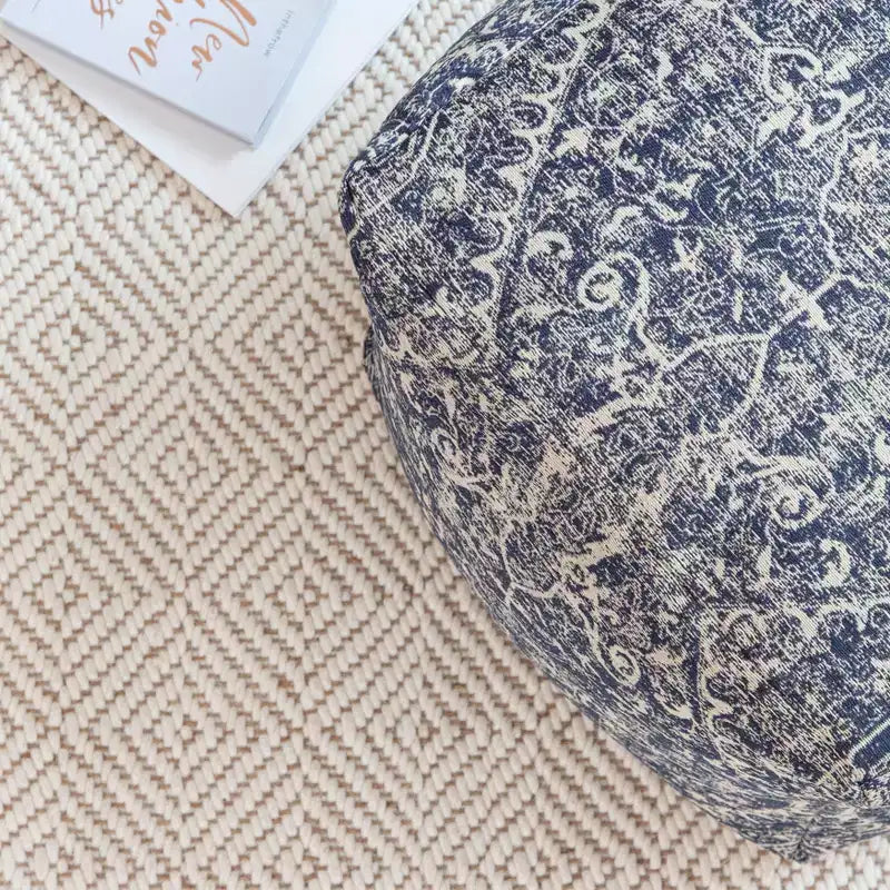 Pouf Quadrato Blu/Avorio – Motivo Medaglione Moderno, Seduta Imbottita, Poliestere Fatto a Mano, 53 cm