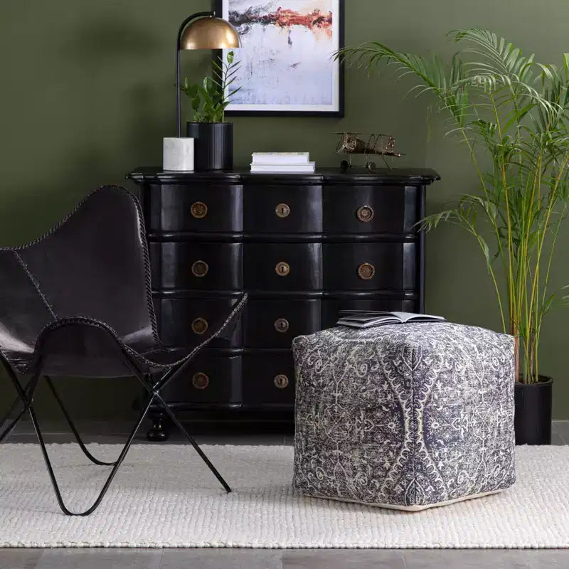 Pouf Quadrato Blu/Avorio – Motivo Medaglione Moderno, Seduta Imbottita, Poliestere Fatto a Mano, 53 cm