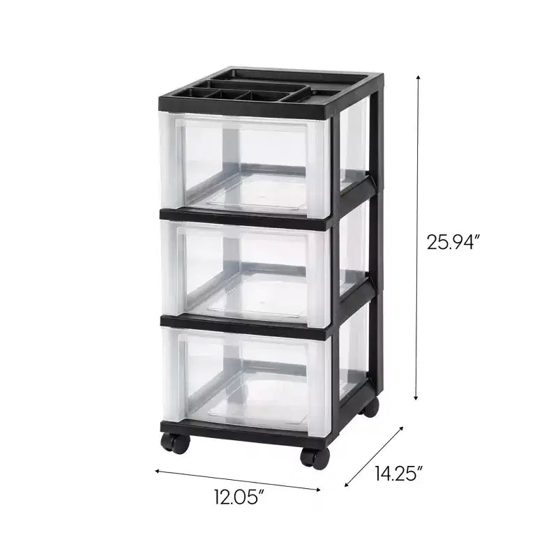 Carrello Medio a 3 Cassetti su Ruote con Top Organizer, Nero
