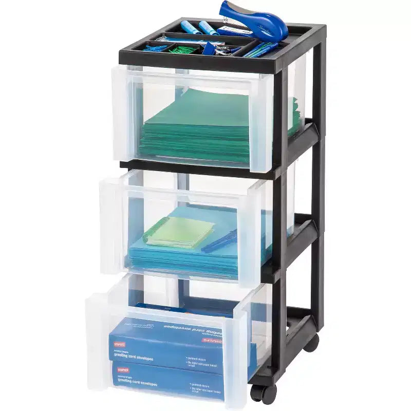 Carrello Medio a 3 Cassetti su Ruote con Top Organizer, Nero