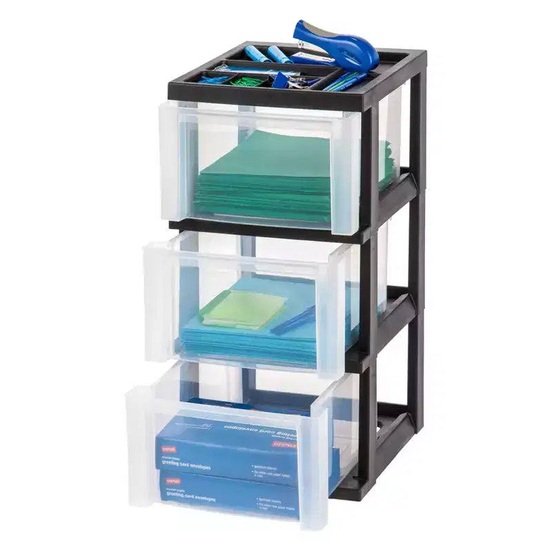 Carrello Medio a 3 Cassetti su Ruote con Top Organizer, Nero