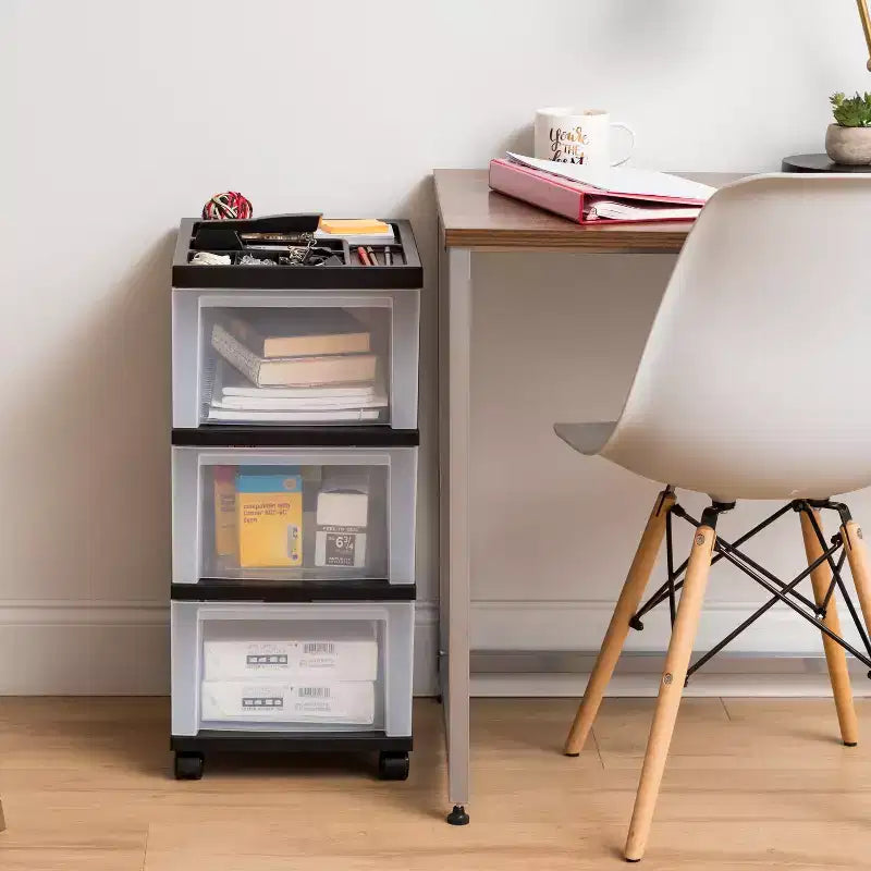 Carrello Medio a 3 Cassetti su Ruote con Top Organizer, Nero