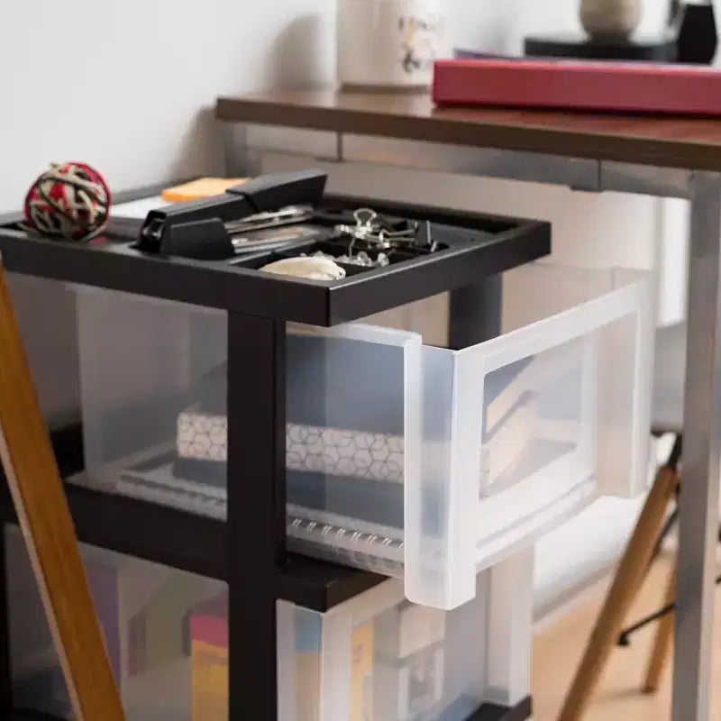 Carrello Medio a 3 Cassetti su Ruote con Top Organizer, Nero