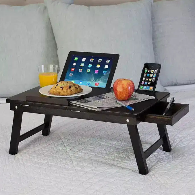 Vassoio da letto per laptop in bambù con parte superiore regolabile e cassetto portaoggetti