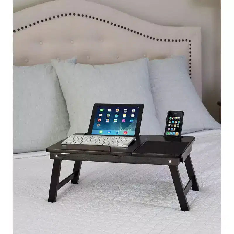 Vassoio da letto per laptop in bambù con parte superiore regolabile e cassetto portaoggetti